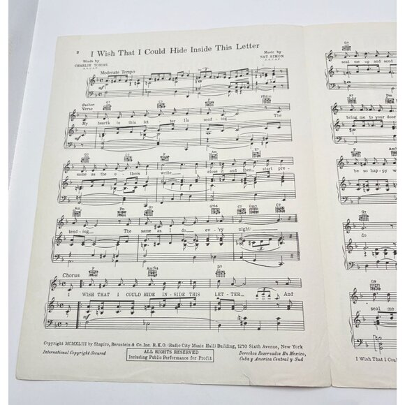 I Wish That I Could Hide Inside This Letter Vtg Piano Sheet Music Joan Brooks - Picture 2 of 6